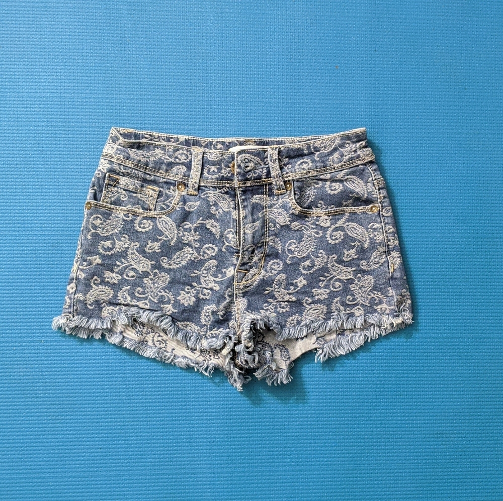 Paisley denim shorts, distressed